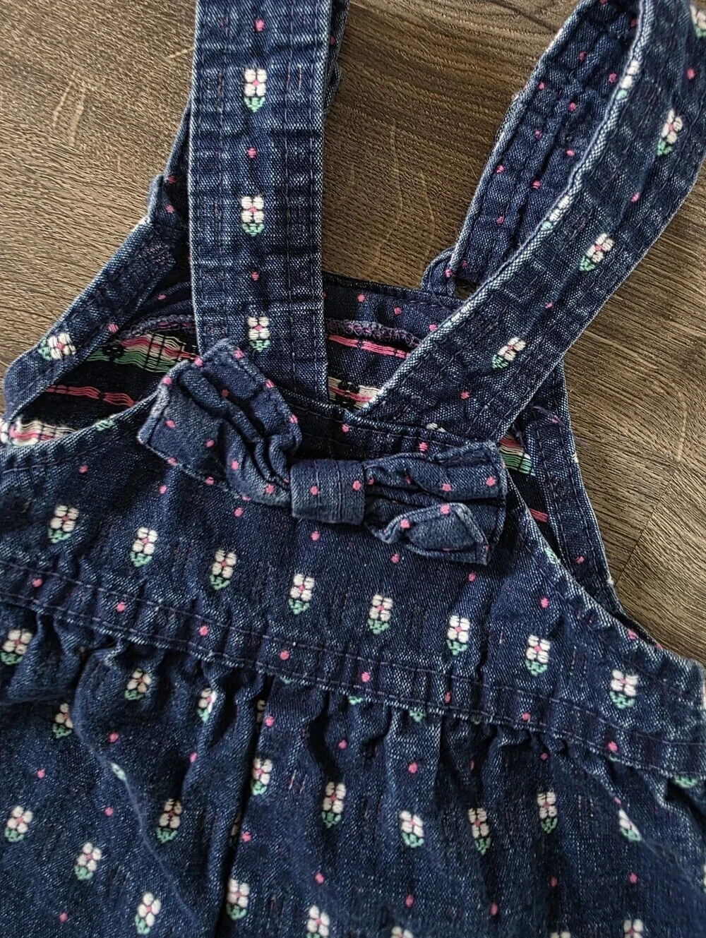 VTG Osh Kosh B'gosh Blue And Pink Floral Dot-Pattern Bow Denim Overalls